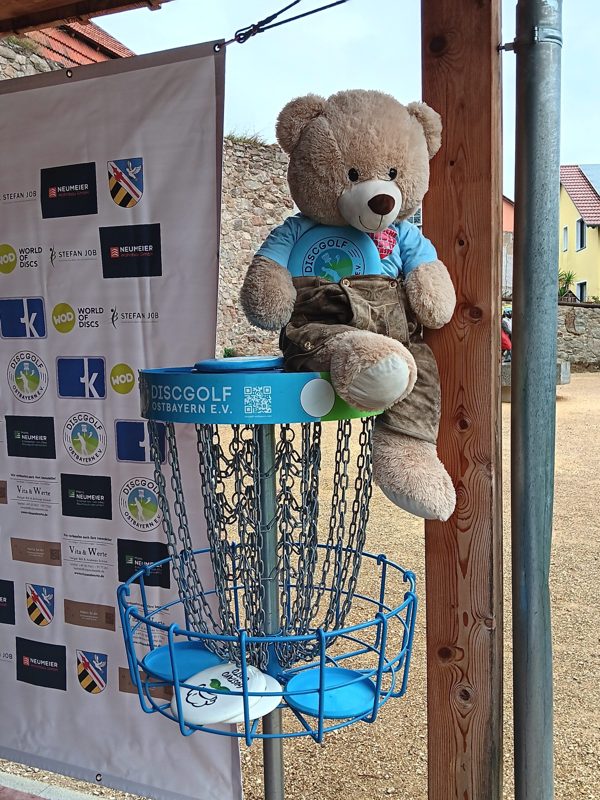 Regensburg Bärenbotschafter Hope sitzt auf einem Discgolf-Korb.